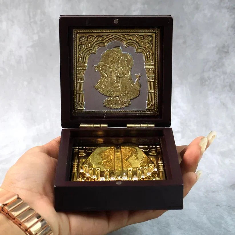 Golden Charan Paduka In Wooden Box Spiritual Gift Pooja Accessory