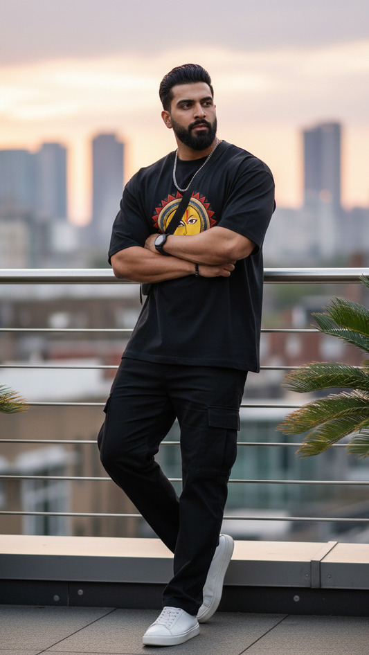 Surya Shakti" Sun Graphic Oversized T-Shirt - Pitch Black 100% cotton