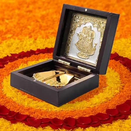 Golden Charan Paduka In Wooden Box  Spiritual Gift  Pooja Accessory