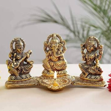 Design Gold Plated Lakshmi Ganesh Saraswati Idol with Deepak Showpiece