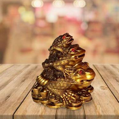 Triple Frog Family With Money Coin & Ingot for health Wealth Power & Prosperity - 10 cm