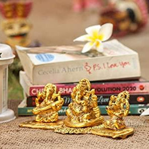 Design Gold Plated Lakshmi Ganesh Saraswati Idol with Deepak Showpiece