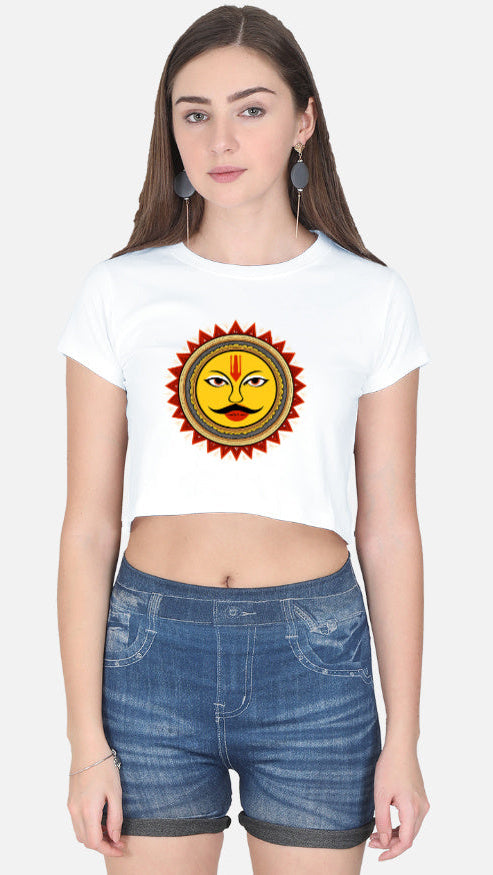 Alt-text: Women's black crop top with golden Sun God Surya Dev graphic print, 100 percent cotton fabric.