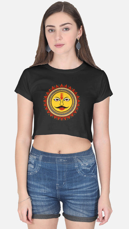 Alt-text: Women's black crop top with golden Sun God Surya Dev graphic print, 100 percent cotton fabric.