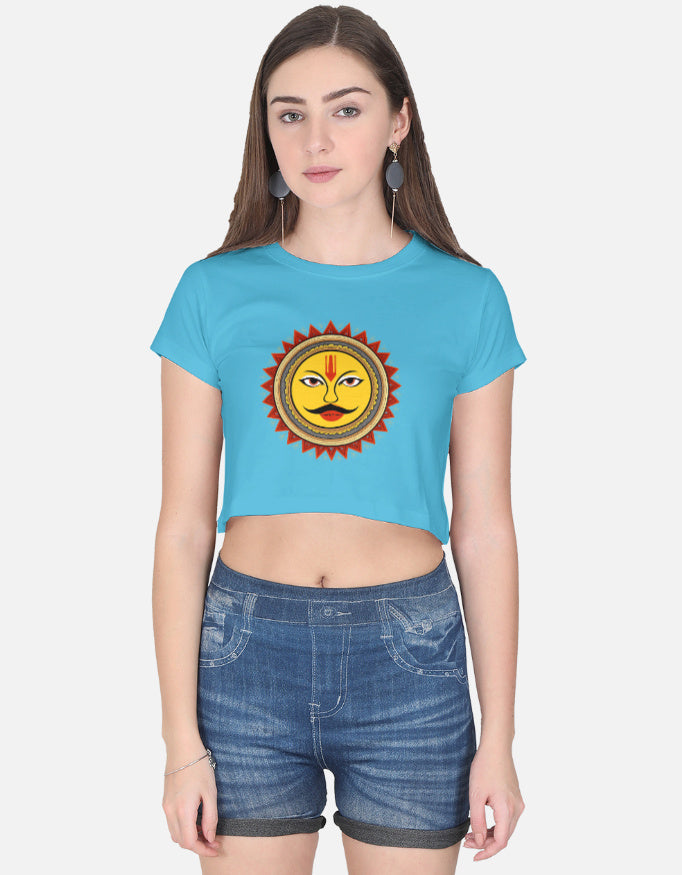 Alt-text: Women's black crop top with golden Sun God Surya Dev graphic print, 100 percent cotton fabric.