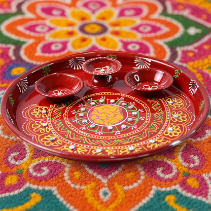 Hand-painted Decorative Pooja Thali With Ganesha Motif And Diyas