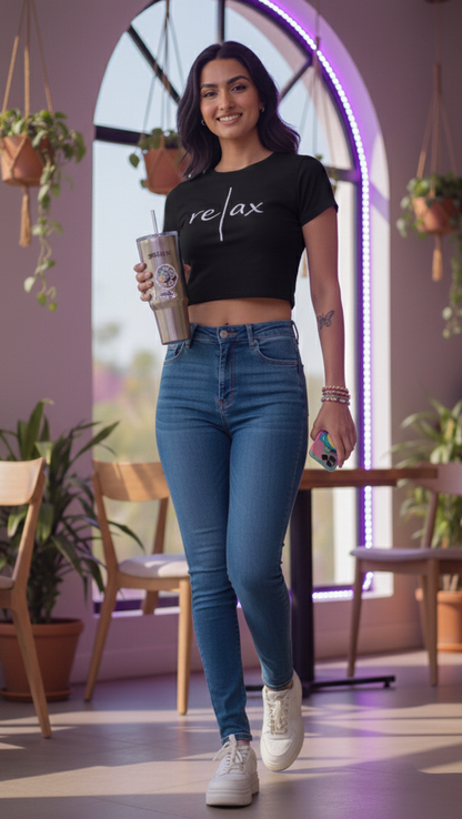 Black Gen-Z Minimalist "Relax" Cropped Cotton Tee