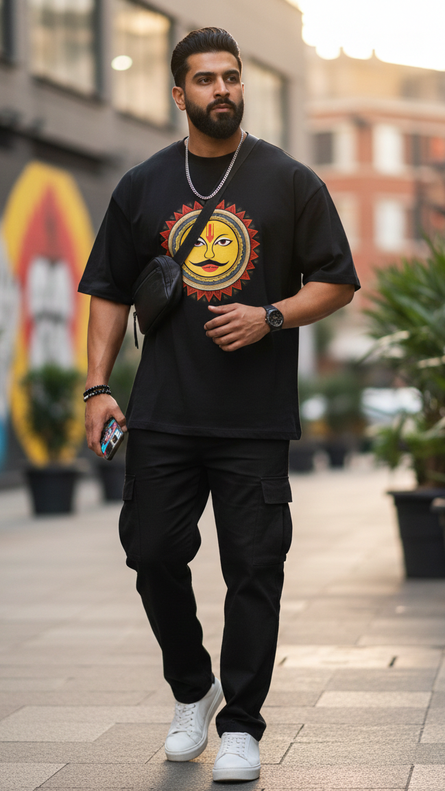 Surya Shakti" Sun Graphic Oversized T-Shirt - Pitch Black 100% cotton