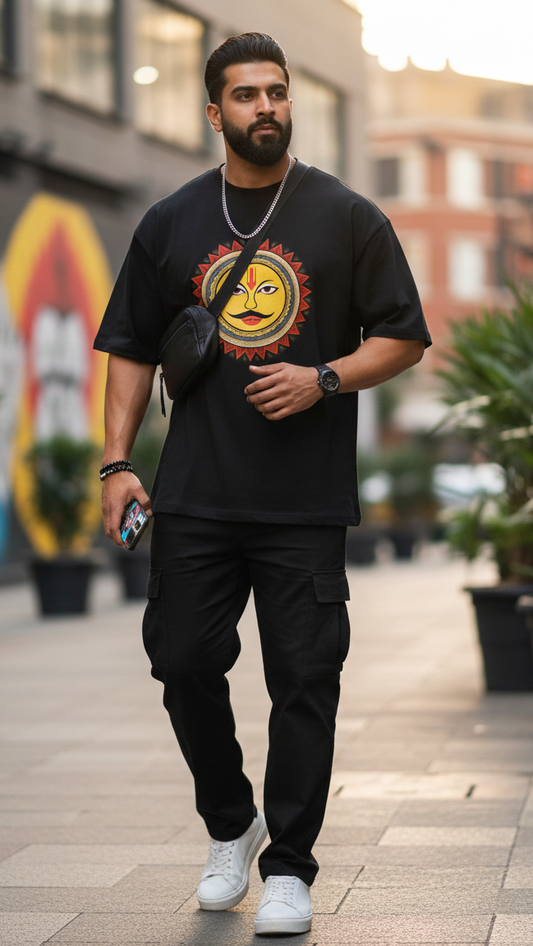 Surya Shakti" Sun Graphic Oversized T-Shirt - Pitch Black 100% cotton