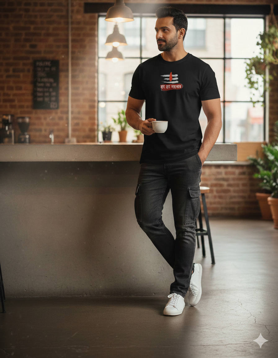 Unisex Lord Shiva Mahadev Graphic T-Shirt - Har Har Mahadev Devnagari Print 100% Cotton Tee