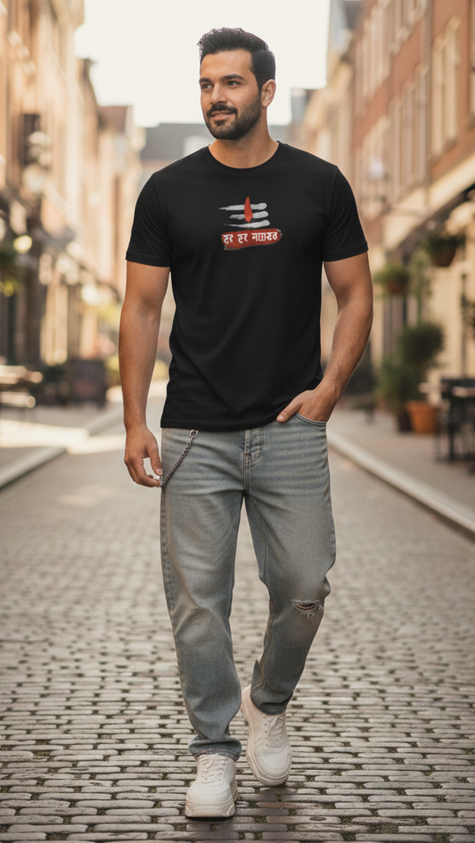 Unisex Lord Shiva Mahadev Graphic T-Shirt - Har Har Mahadev Devnagari Print 100% Cotton Tee