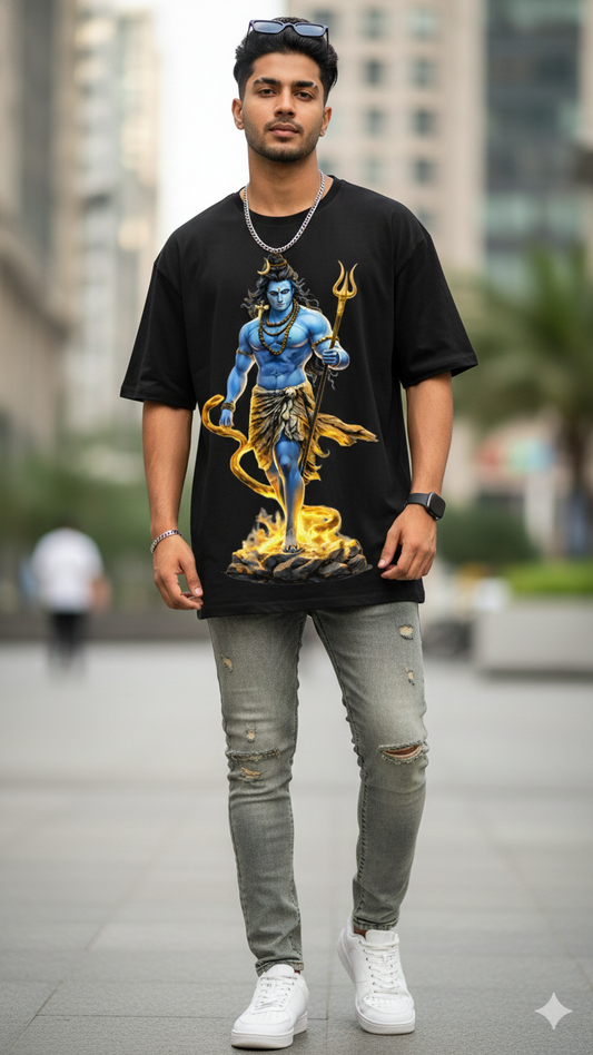 Divine Energy: Premium Oversized "Mahadev & Om" Gold-Graphic Streetwear Tee