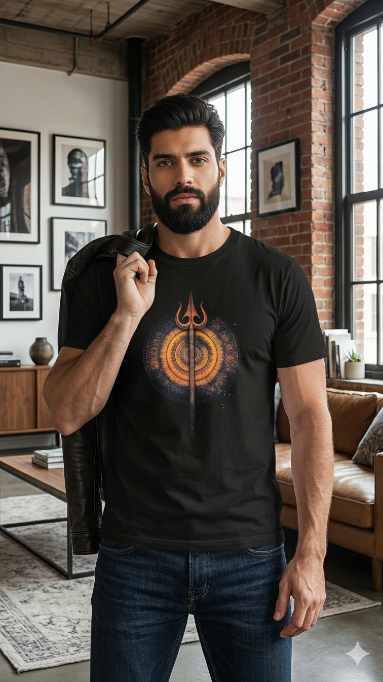 Unisex Mandala Trishul Premium Cotton T-Shirt - Artistic Devotional Streetwear