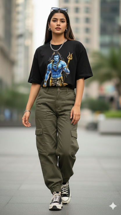 Divine Energy: Premium Oversized "Mahadev & Om" Gold-Graphic Streetwear Tee