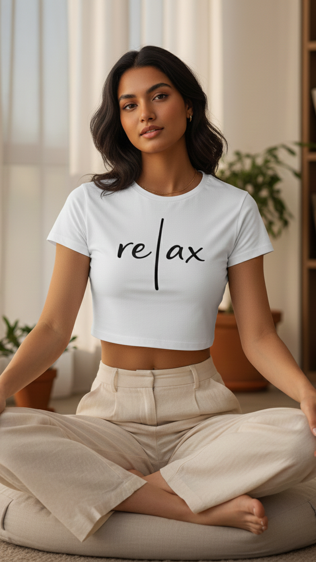 White Gen-Z Minimalist "Relax" Cropped Cotton Tee