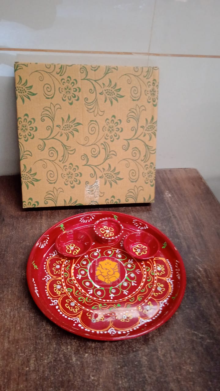 Hand-painted Decorative Pooja Thali With Ganesha Motif And Diyas