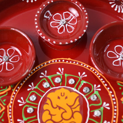 Hand-painted Decorative Pooja Thali With Ganesha Motif And Diyas
