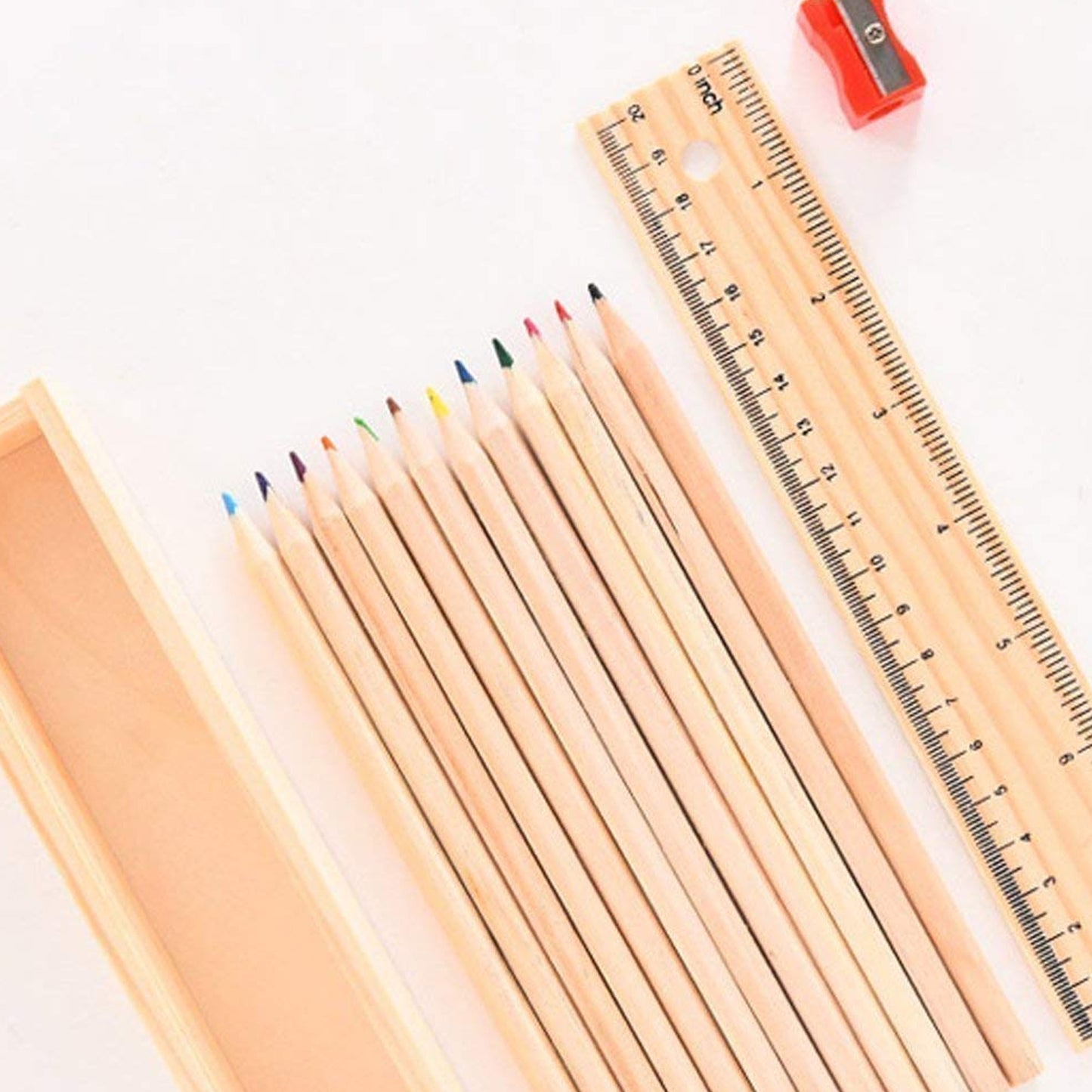 Colorful Wooden Pencil Set With Pencil Box Ruler Sharpener