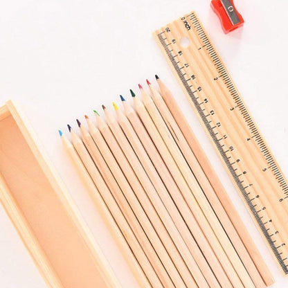 Colorful Wooden Pencil Set With Pencil Box Ruler Sharpener