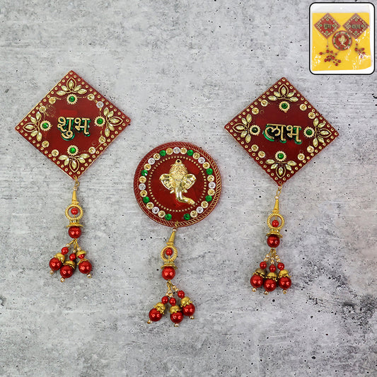 Decorative Wall Hanging Set With Shubh Labh And Ganesh Design (3 Pc)