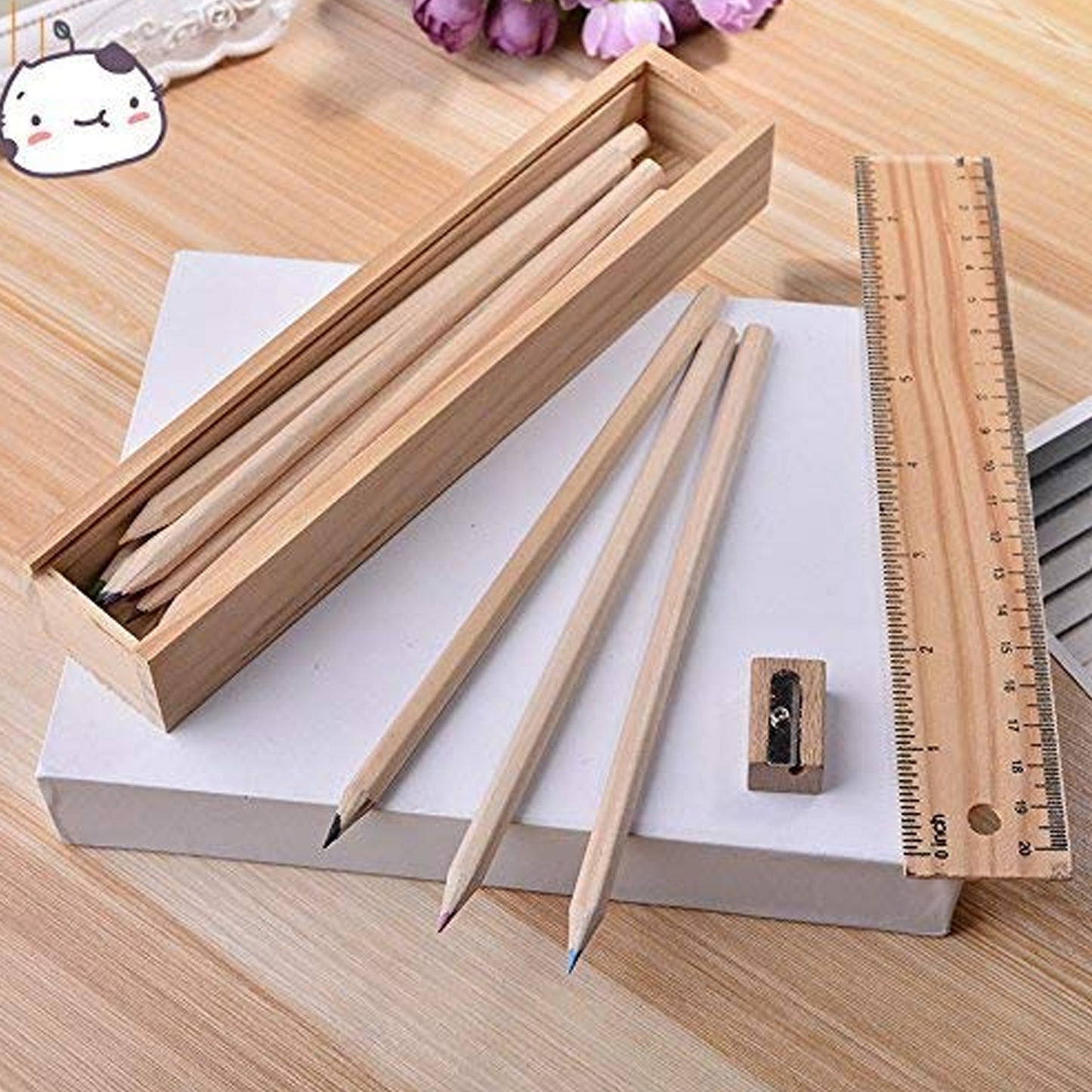 Colorful Wooden Pencil Set With Pencil Box Ruler Sharpener