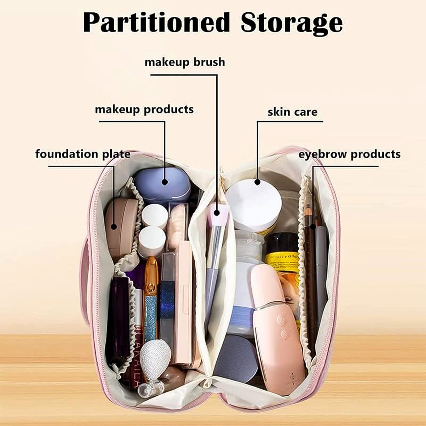 Premium Peach Travel Makeup  Toiletry Organizer Pouch With Zipper  Handle (1 Pc)