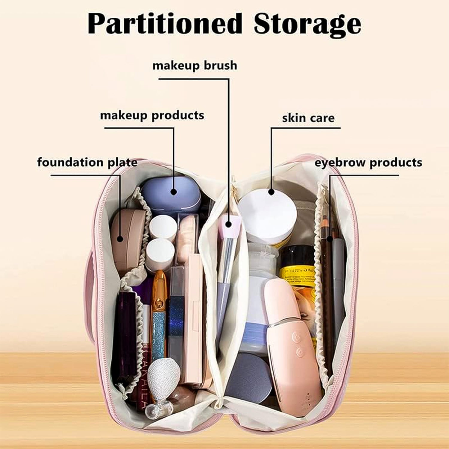 Premium Peach Travel Makeup  Toiletry Organizer Pouch With Zipper  Handle (1 Pc)