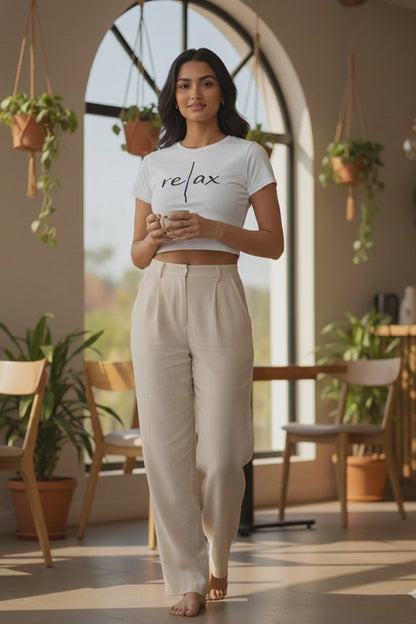 White Gen-Z Minimalist "Relax" Cropped Cotton Tee