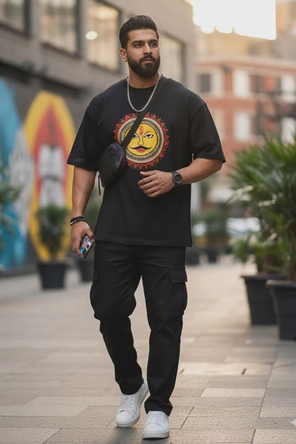 Surya Shakti" Sun Graphic Oversized T-Shirt - Pitch Black 100% cotton