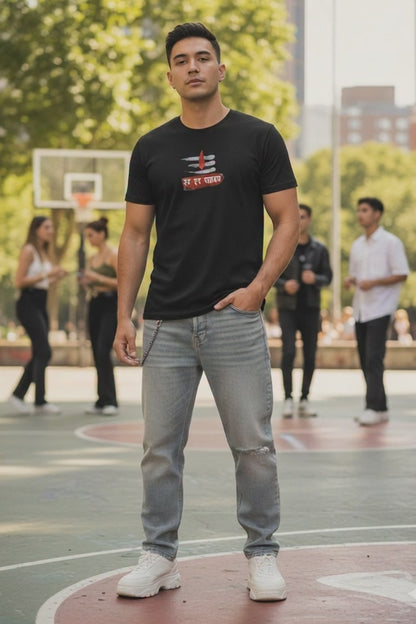 Unisex Lord Shiva Mahadev Graphic T-Shirt - Har Har Mahadev Devnagari Print 100% Cotton Tee