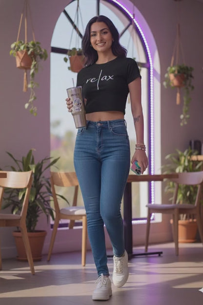 Black Gen-Z Minimalist "Relax" Cropped Cotton Tee